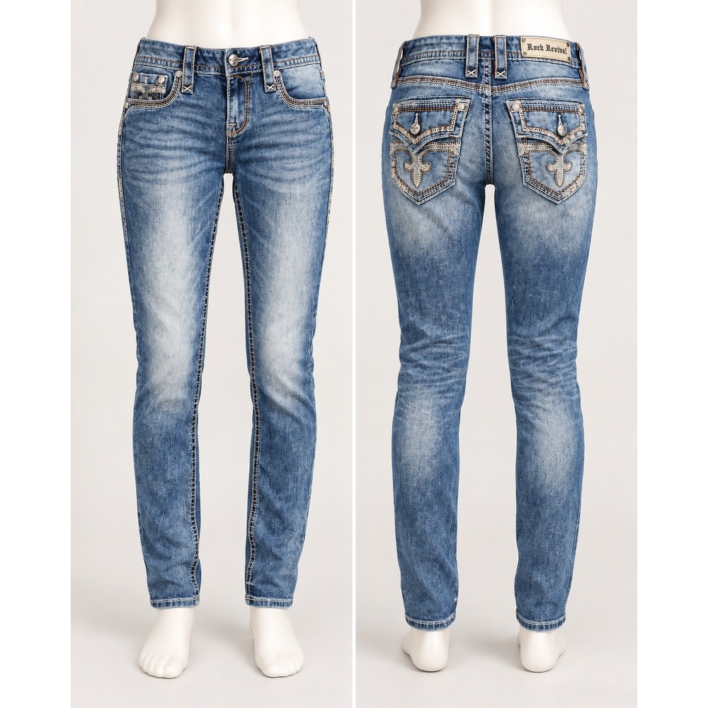 Rock Revival Women's Jeans Size 30 Blue Wash Embroidered Rhinestone 30" Inseam